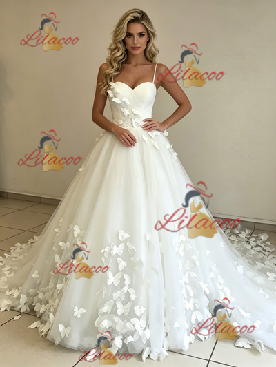 White Tulle Spaghetti Straps Butterfly Wedding Dress