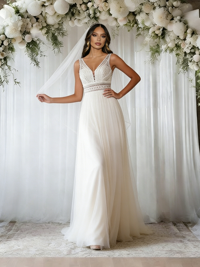 Beige White Tulle V-neck Wedding Dress