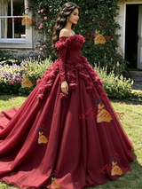 Burgundy Tulle Long Sleeve 3D Flower Quinceanera Dress