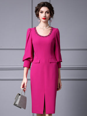 Fuchsia Short Sleeve Split Mother Of The Bride Dress