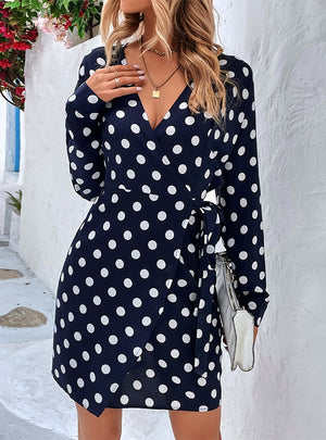 Polka Dot V-neck Long Sleeve Dress
