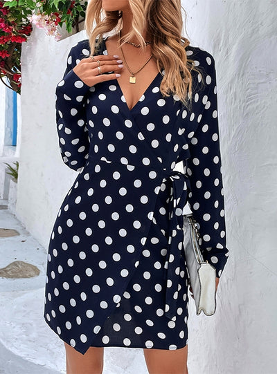 Polka Dot V-neck Long Sleeve Dress