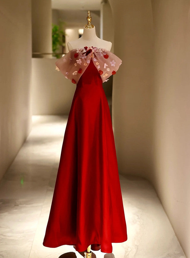 Burgundy Satin Colorful Flower Prom Dress