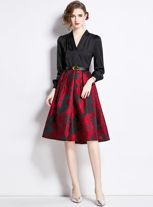 Bubble Sleeve V-neck Jacquard Big Swing Dress