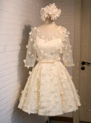 Yellow Short Sleeve Lace Homecoming Dress