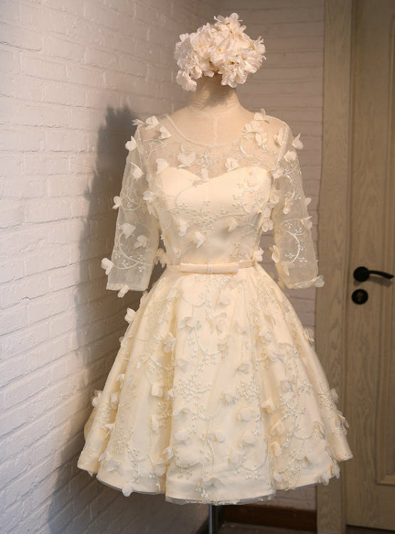 Yellow Short Sleeve Lace Homecoming Dress