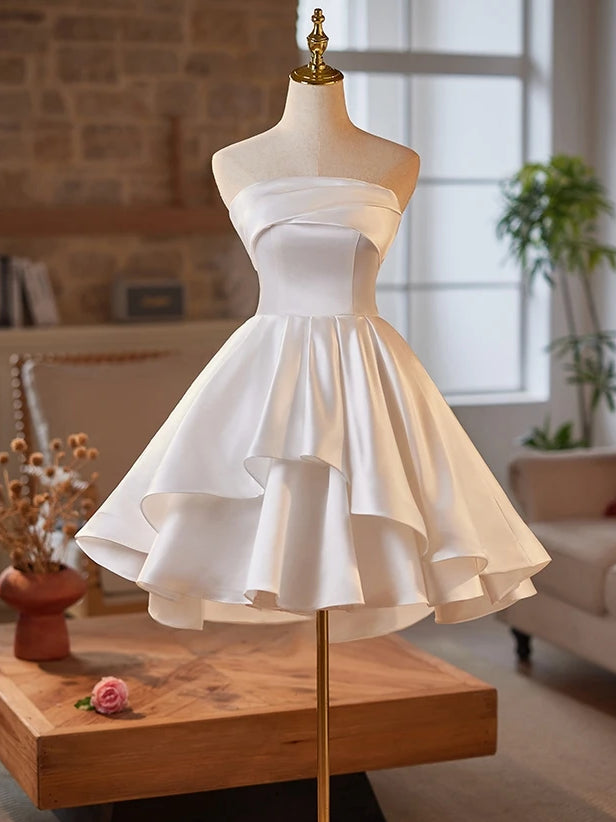 White Satin Strapless Homecoming Dress