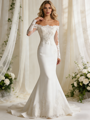 White Mermaid Long Sleeve Appliques Wedding Dress