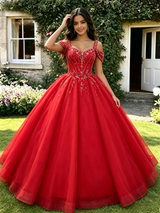 Red Tulle Straps Beading Quinceanera Dress