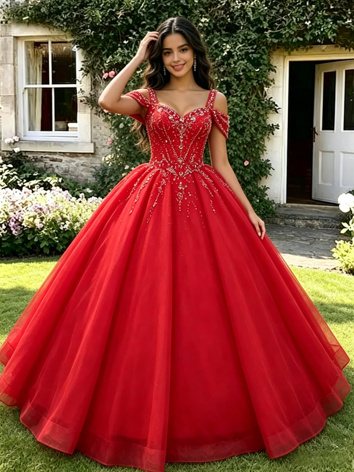 Red Tulle Straps Beading Quinceanera Dress