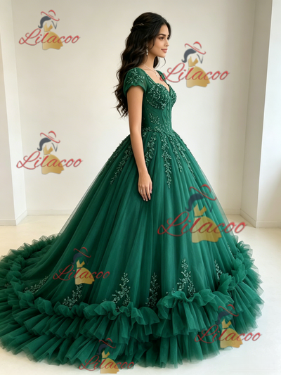 Green Tulle Square Neck Appliques Quinceanera Dress