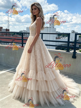 Champagne Tulle Lace V-neck Prom Dress