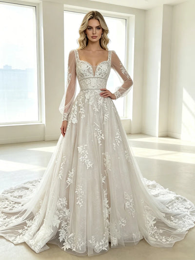 White Tulle Appliques Long Sleeve Wedding Dress