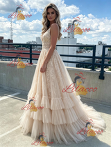Champagne Tulle Lace V-neck Prom Dress