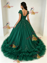 Green Tulle Square Neck Appliques Quinceanera Dress