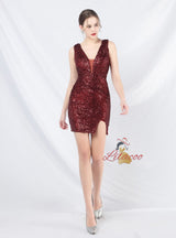V-neck Sequins Sleeveless Mini Prom Dress