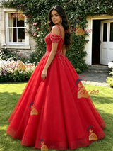 Red Tulle Straps Beading Quinceanera Dress