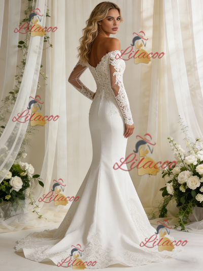 White Mermaid Long Sleeve Appliques Wedding Dress