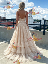 Champagne Tulle Lace V-neck Prom Dress