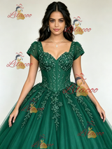 Green Tulle Square Neck Appliques Quinceanera Dress