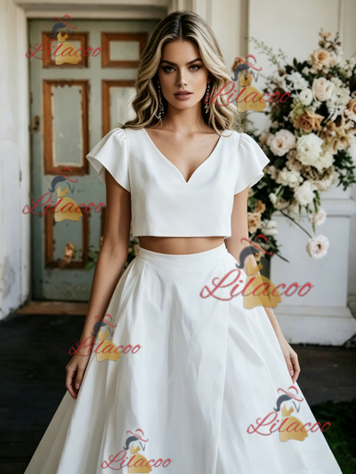 White Two Piece Cap Sleeve Wedding Dress