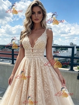 Champagne Tulle Lace V-neck Prom Dress