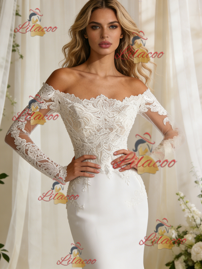 White Mermaid Long Sleeve Appliques Wedding Dress