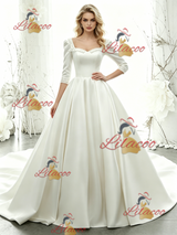 White Satin Short Sleeve Beading Wedding Dress