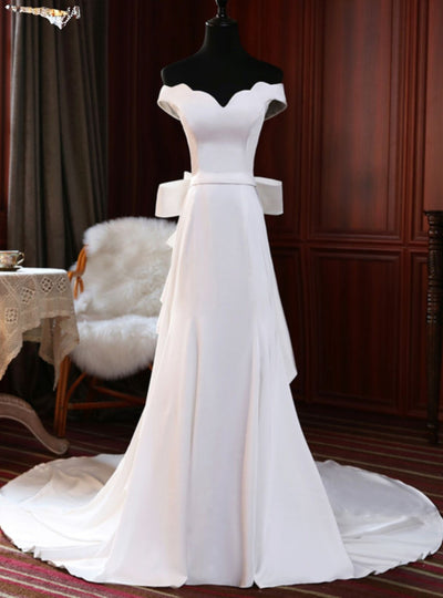White Off the Shoulder Bow Wedding Dress