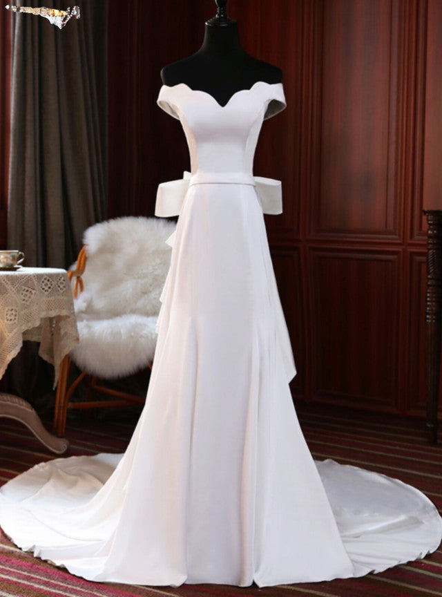 White Off the Shoulder Bow Wedding Dress