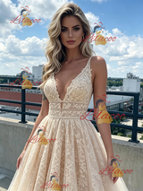 Champagne Tulle Lace V-neck Prom Dress