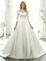 White Satin Short Sleeve Beading Wedding Dress