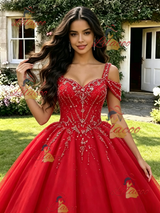 Red Tulle Straps Beading Quinceanera Dress