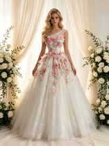 Beige White Tulle Lace One Shoulder Appliques Wedding Dress
