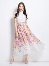 Retro Lace Stitching Printed Chiffon Dress