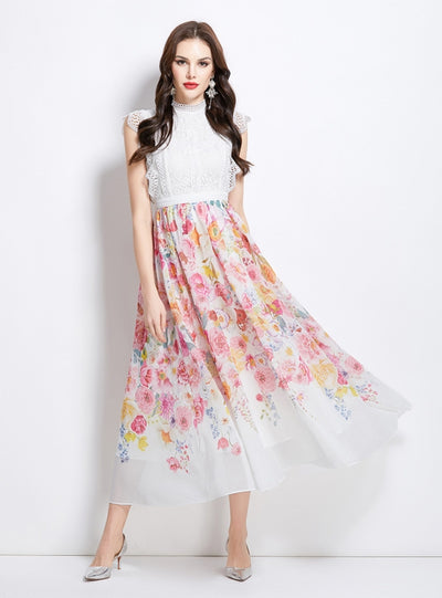 Retro Lace Stitching Printed Chiffon Dress