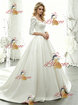 White Satin Short Sleeve Beading Wedding Dress