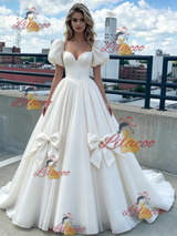 White Tulle Puff Sleeve Bow Prom Dress