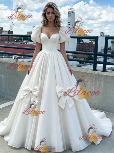 White Tulle Puff Sleeve Bow Prom Dress