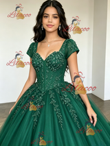 Green Tulle Square Neck Appliques Quinceanera Dress