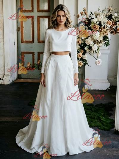 White Satin Long Sleeve Wedding Dress