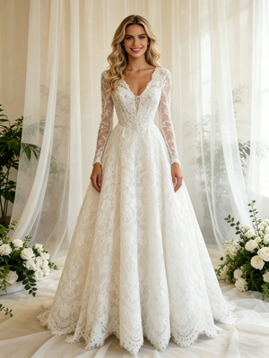 White Lace V-neck Long Sleeve Wedding Dress