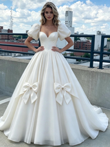 White Tulle Puff Sleeve Bow Prom Dress