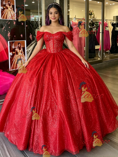 Red Sequins Off the Shoulder Quinceanera Dress