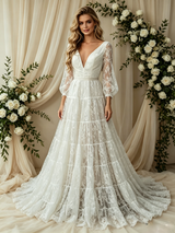 White Lace V-neck Long Sleeve Wedding Dress
