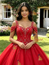 Red Tulle Straps Beading Quinceanera Dress