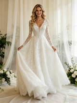 White Lace V-neck Long Sleeve Wedding Dress