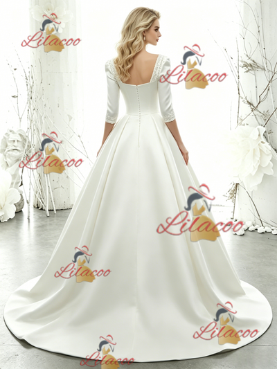 White Satin Short Sleeve Beading Wedding Dress