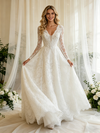 White Lace V-neck Long Sleeve Wedding Dress