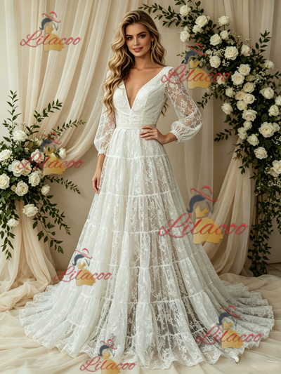 White Lace V-neck Long Sleeve Wedding Dress